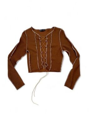 Brown Long Sleeve Crop Top With White Lace Up Detail